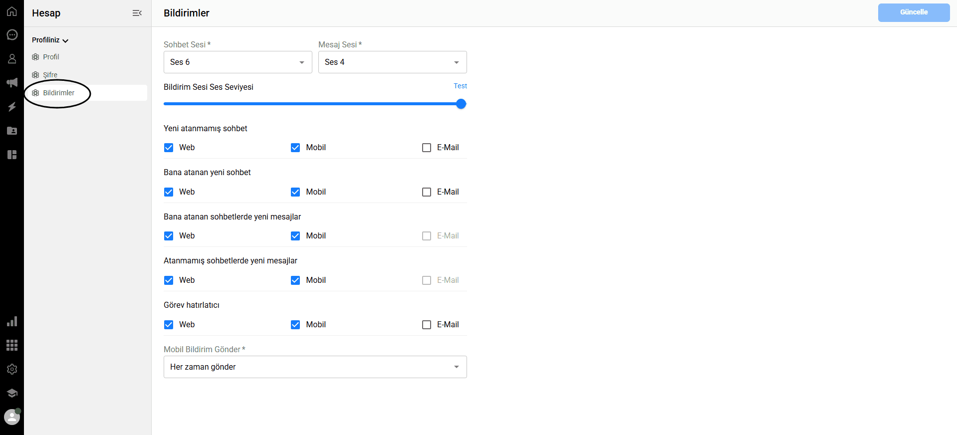 Qpien kullanıcı profili ayarlarında bildirimler sekmesine erişme.