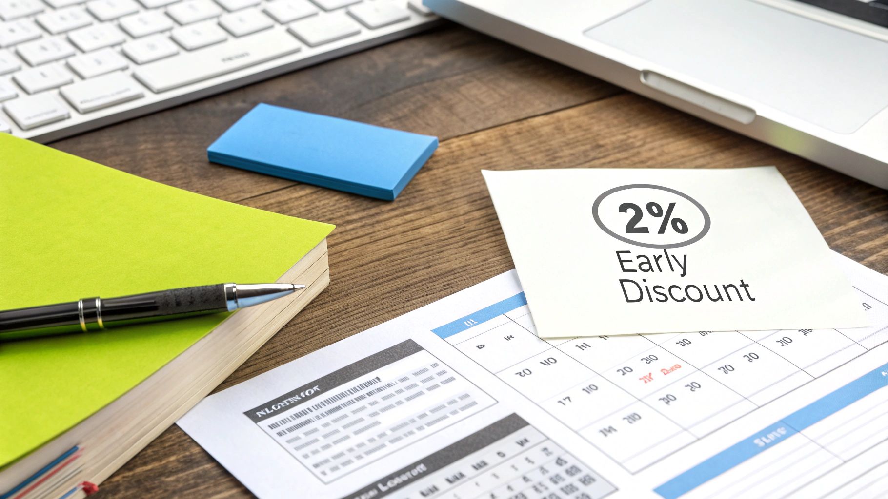 Office desk with laptop, keyboard, green notebook, and a reminder for 2% early discount.