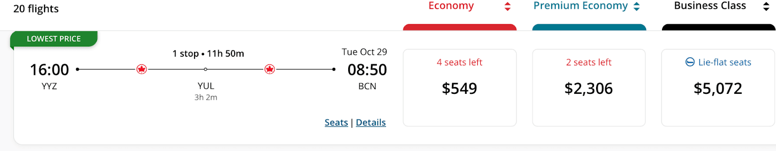 Air Canada flight from YYZ to BCN one week in advance