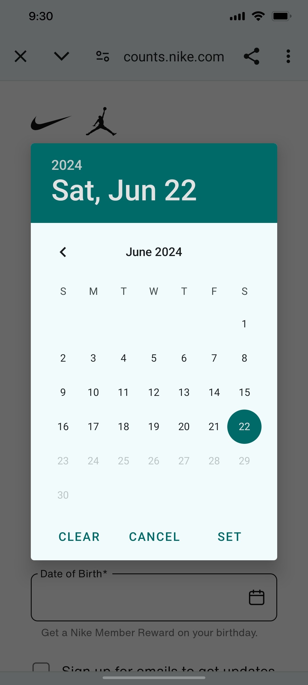 Nike App Date of birth Screen