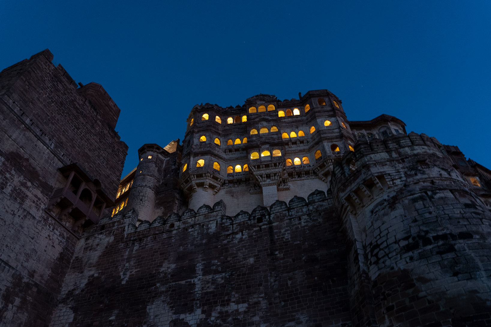 The Meragharth Fort in the night, at the hill of the city of Jodhpur, in the region of Rajasthan in India