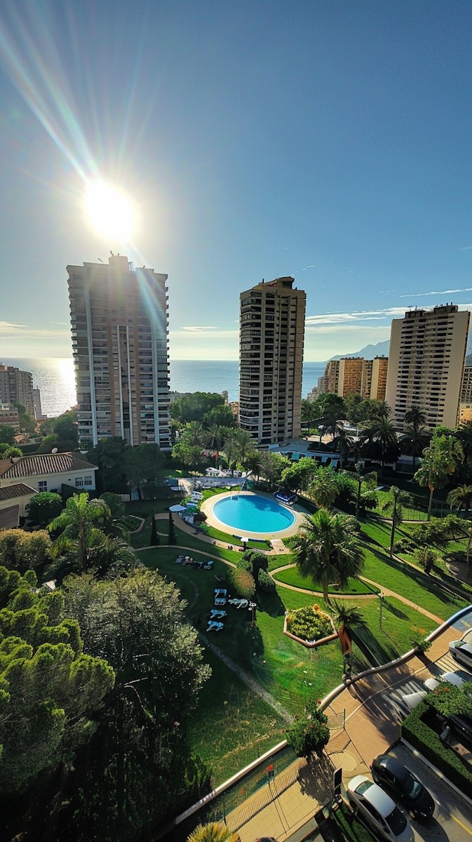 space playground garden near towers with pool