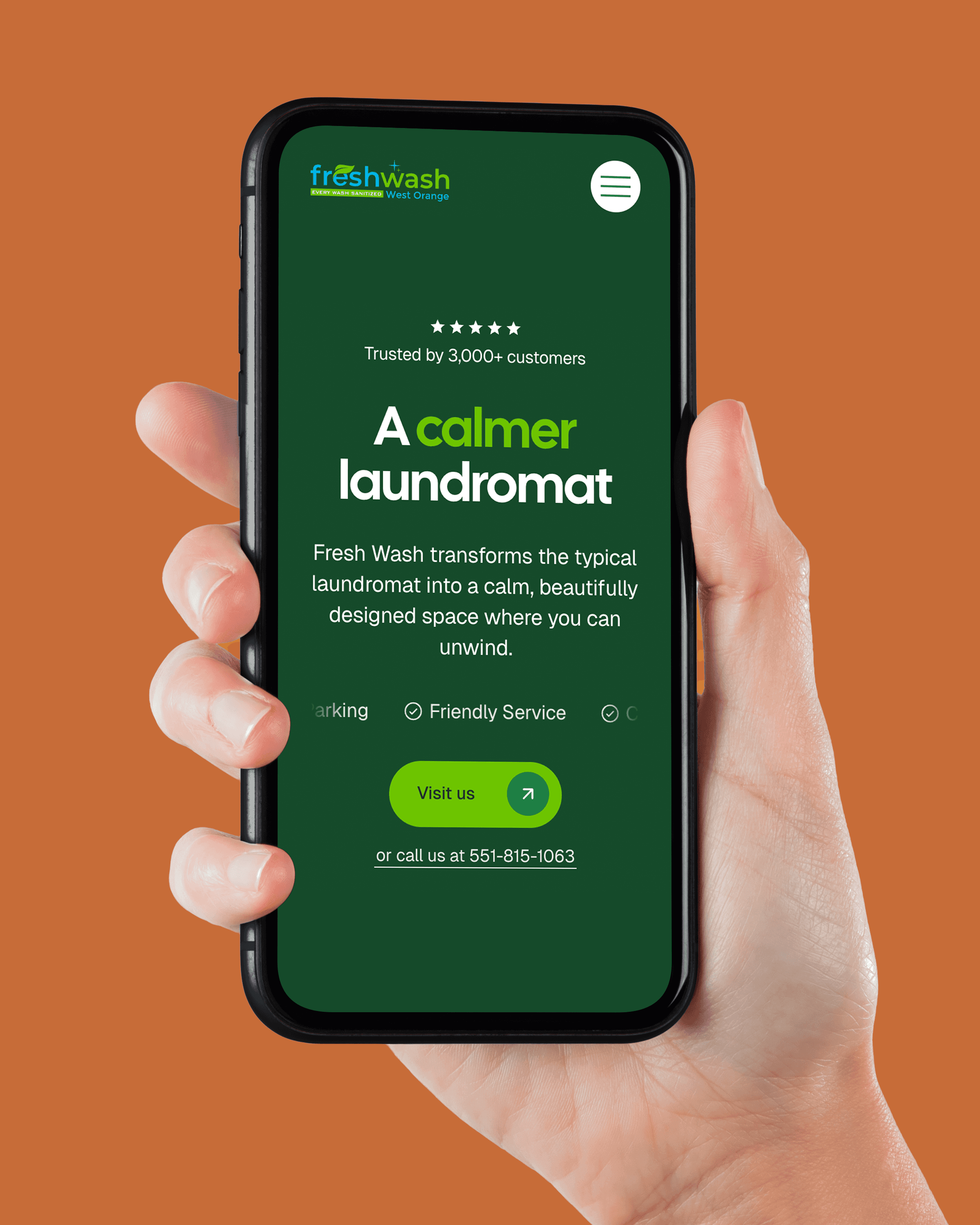 Fresh Wash laundromat website design showing mobile layout with calming branding and laundromat marketing.