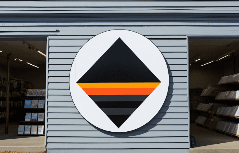 A geometric sign with a black diamond, orange stripe, and black stripes on a large white circle. It's mounted on a gray building with an open entrance.