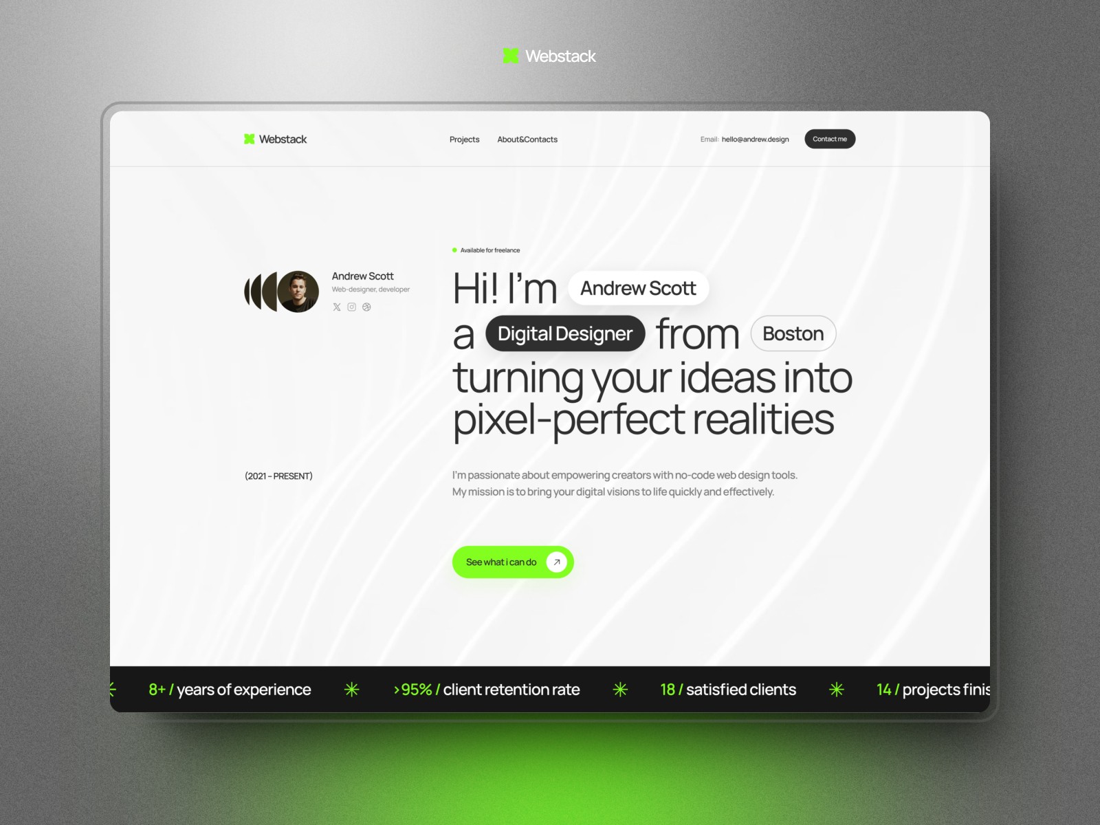 A screenshot of the Webstack Framer template showing a bento-style grid layout with organized content blocks for projects and tech stacks.