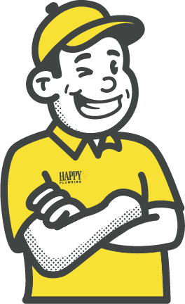 A cheerful cartoon male plumber with a big smile, wearing a yellow shirt and arms crossed. 