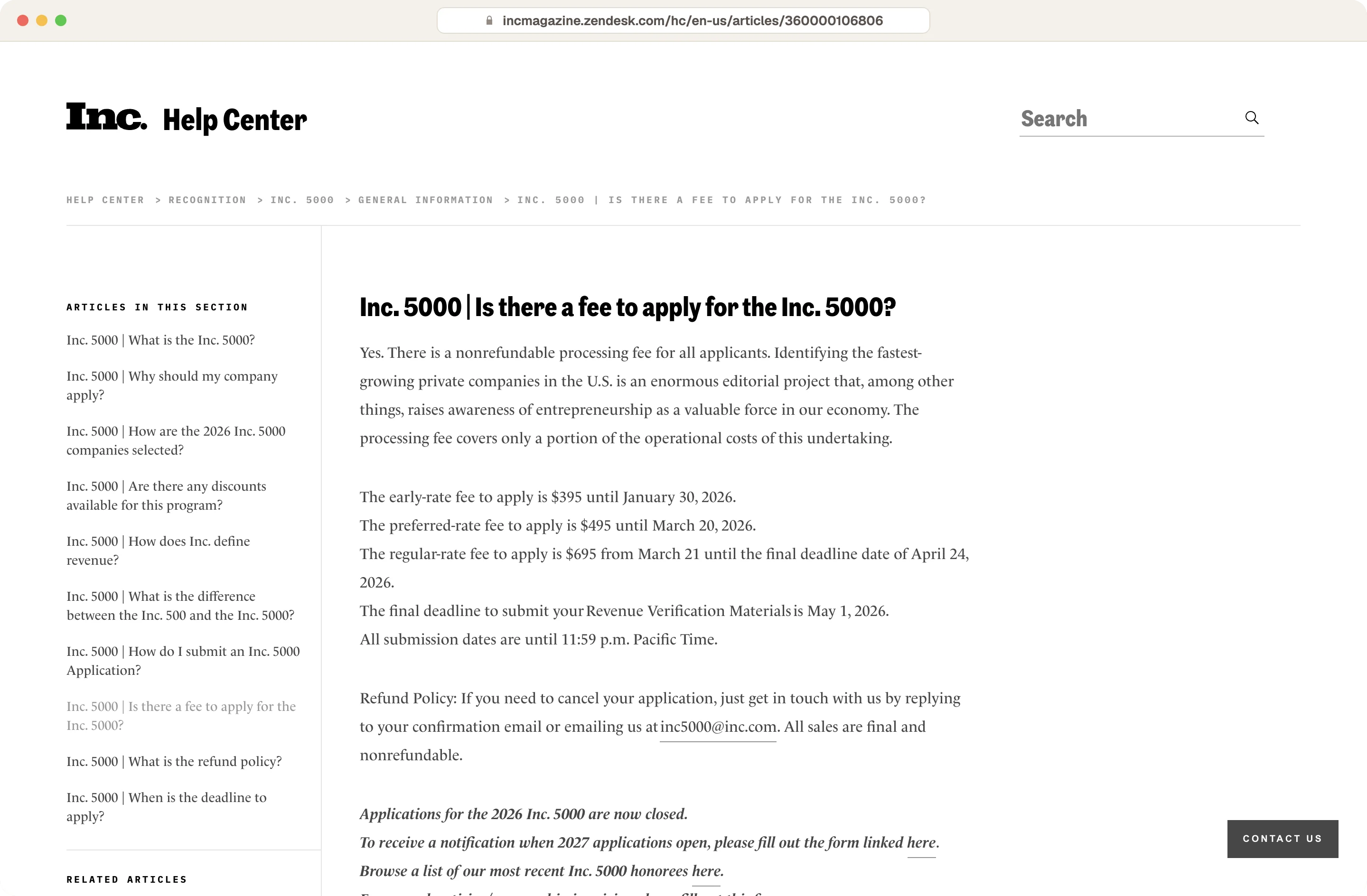Inc. 5000 help center page listing the application fees, from $395 early to $695 regular