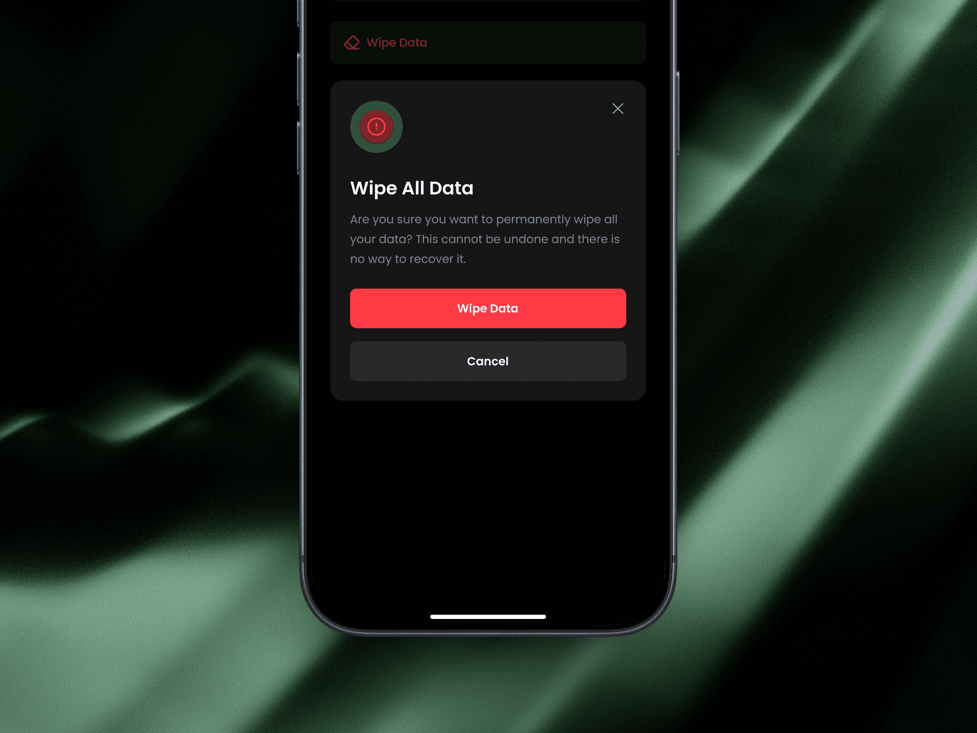 Screenshot of the Staackbooks "Wipe All Data" confirmation screen, displayed on a phone against a dark background.