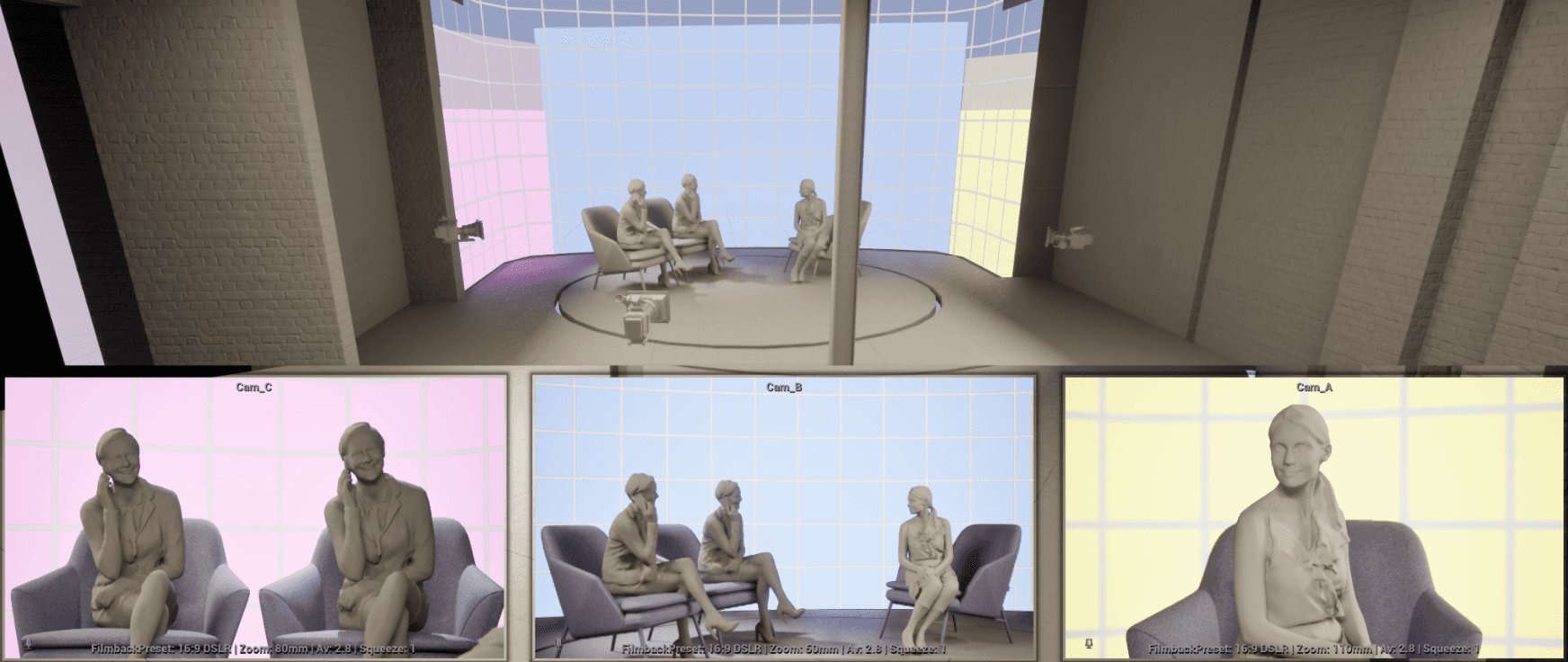 Multi camera setup previsualisation in Unreal Engine for production at Film Soho V Studio