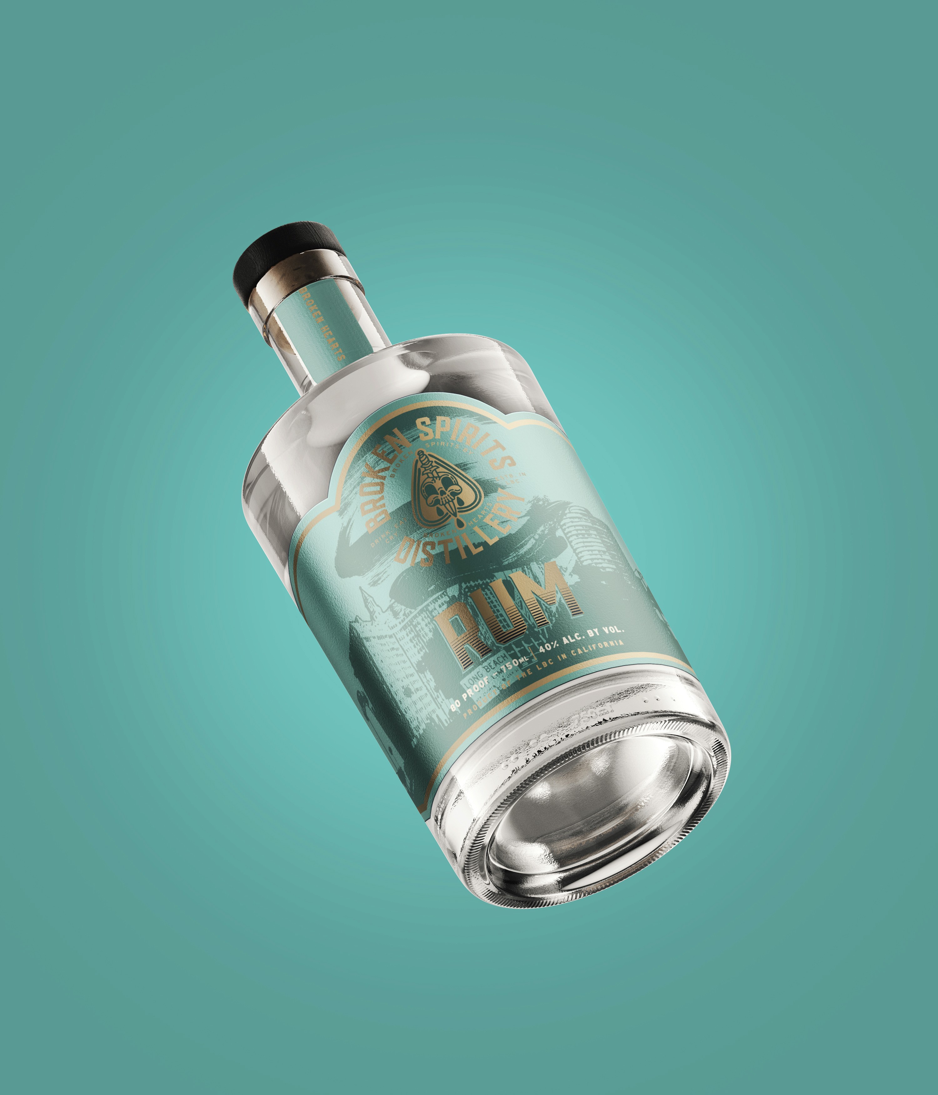 Broken Spirits Rum bottle design on teal background