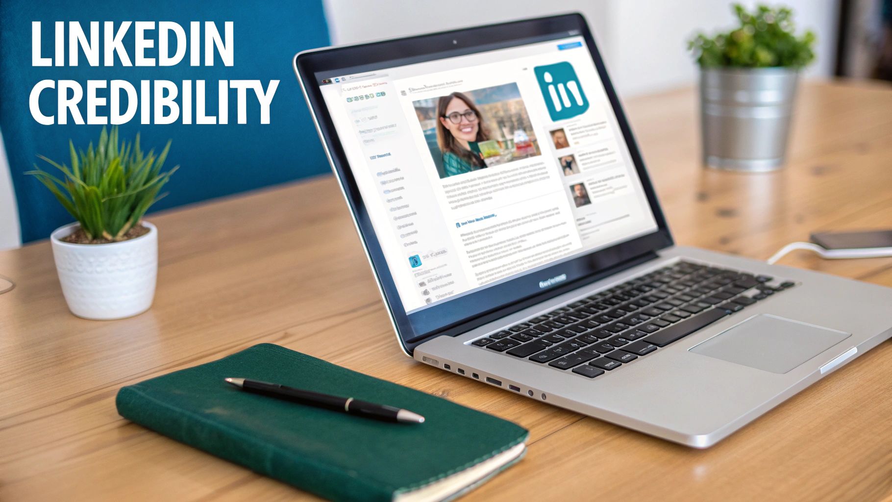 A laptop displays a LinkedIn profile page on a wooden desk with 'LINKEDIN CREDIBILITY' text.