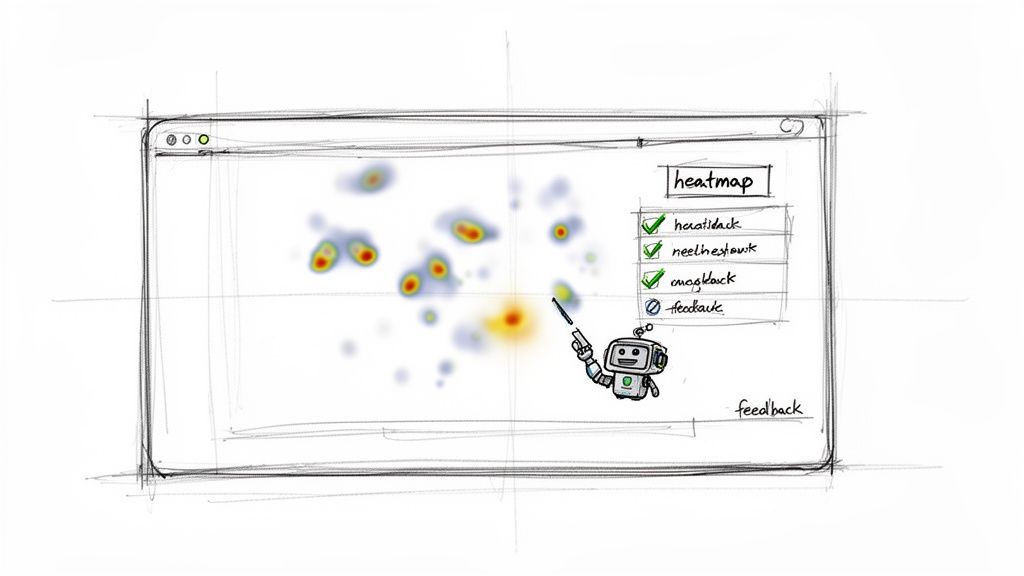 Sketch of a browser window displaying a heatmap, a checklist, and a robot pointing.