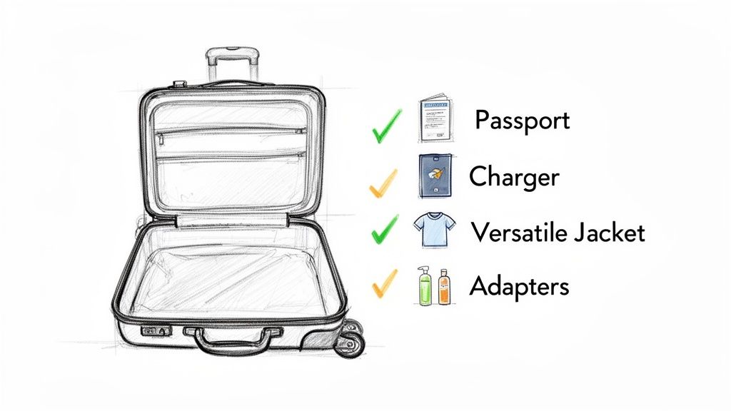 Sketch of an open suitcase next to a checklist of essential travel items: passport, charger, jacket, and adapters.