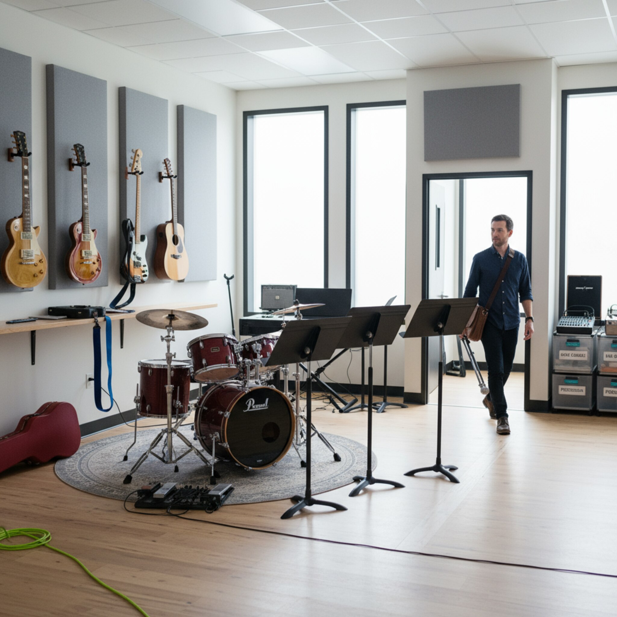 Ein großzügiger Proberaum wird für eine Bandstunde vorbereitet: Schlagzeug aufgebaut, E-Piano angeschlossen, Notenständer ausgerichtet. Ein Regal mit Gitarren wartet griffbereit. Ein Kollege trägt ein Mikrofonstativ in den Nebenraum. Alles wirkt koordiniert, Ressourcen greifen stimmig ineinander.