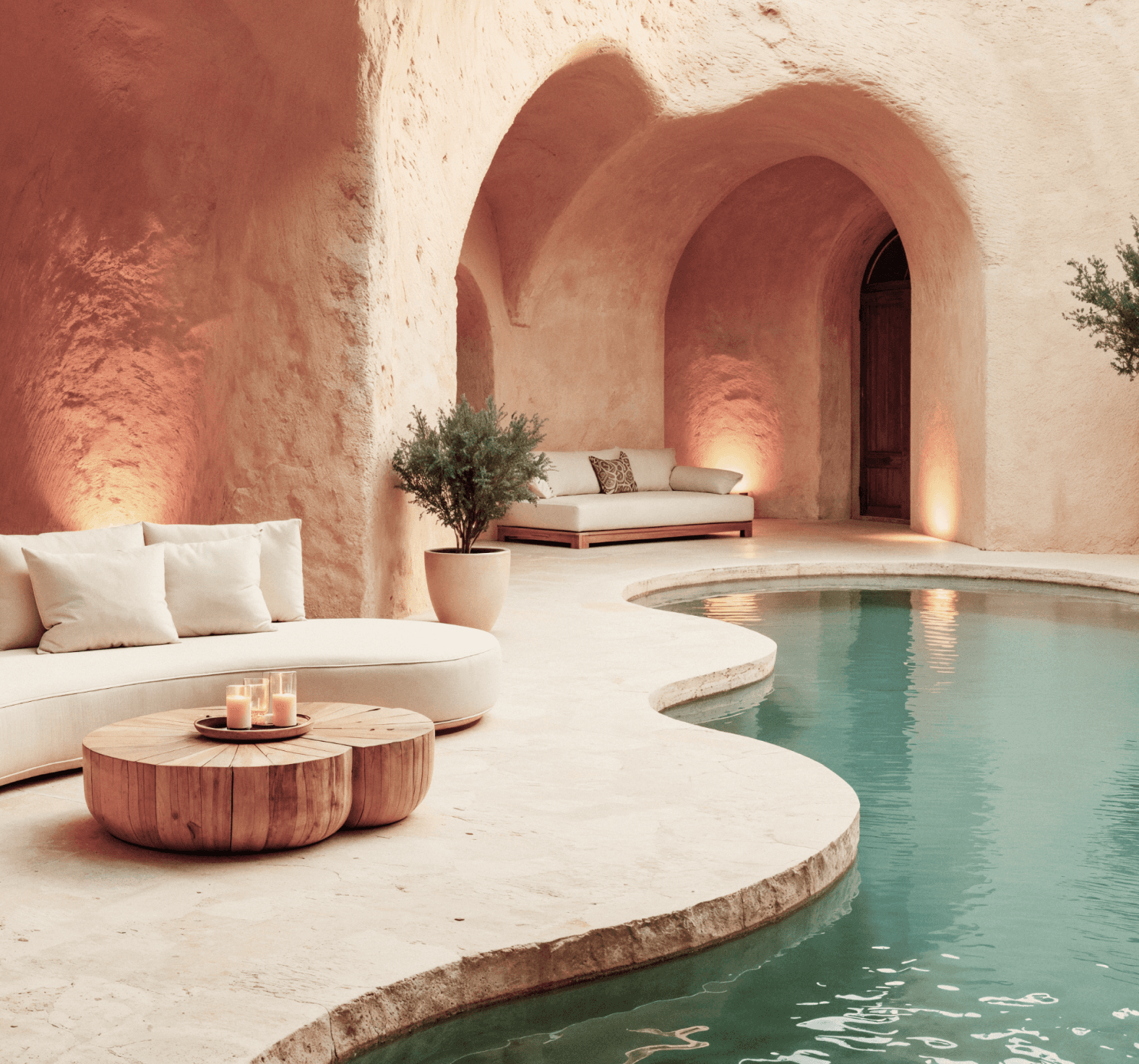 Curved pool in rustic courtyard with arched walls, white sofa, and warm lighting