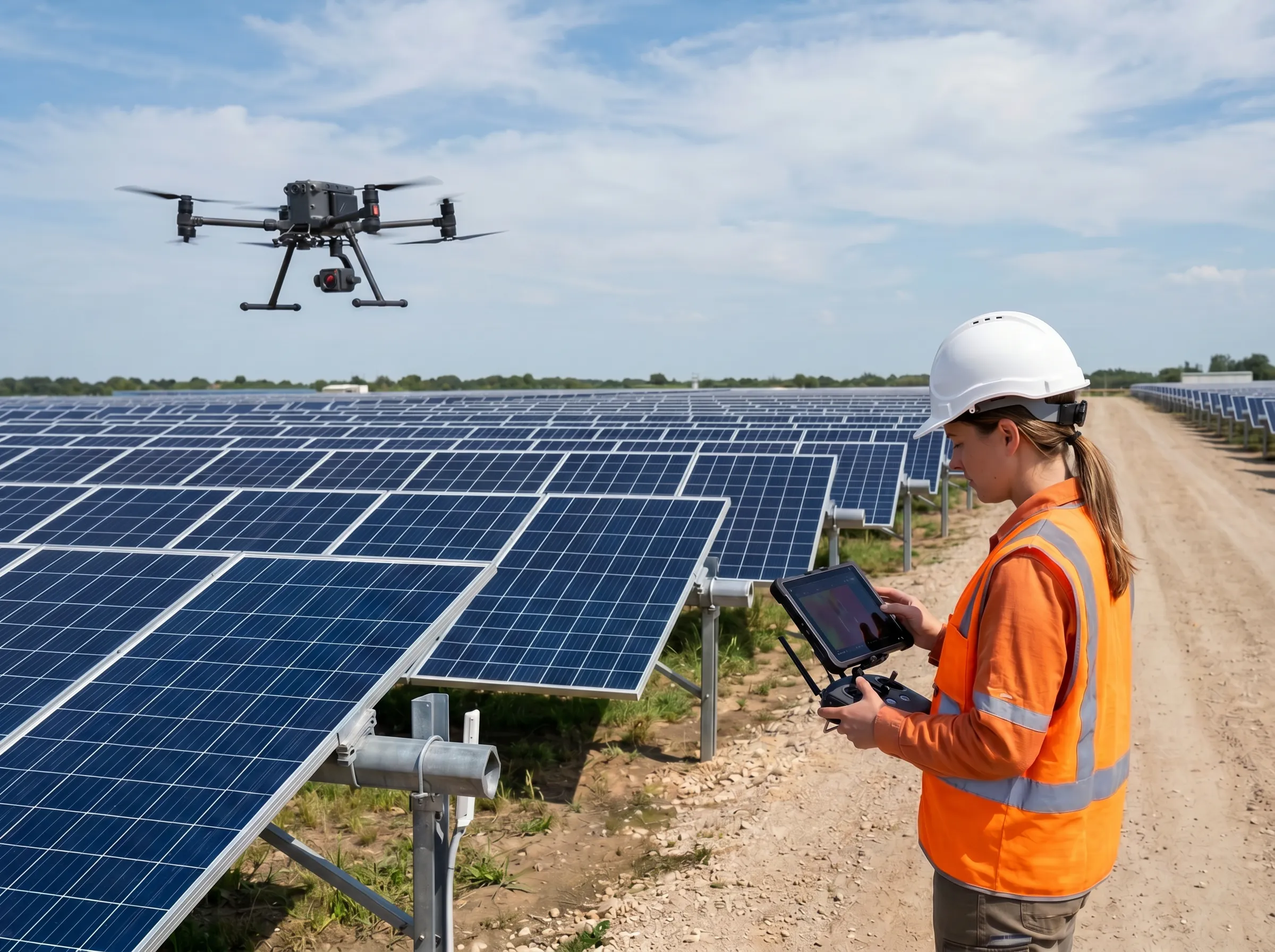 Two construction workers in safety vests and helmets stand at a solar farm, reviewing a tablet while heavy equipment operates in the background.