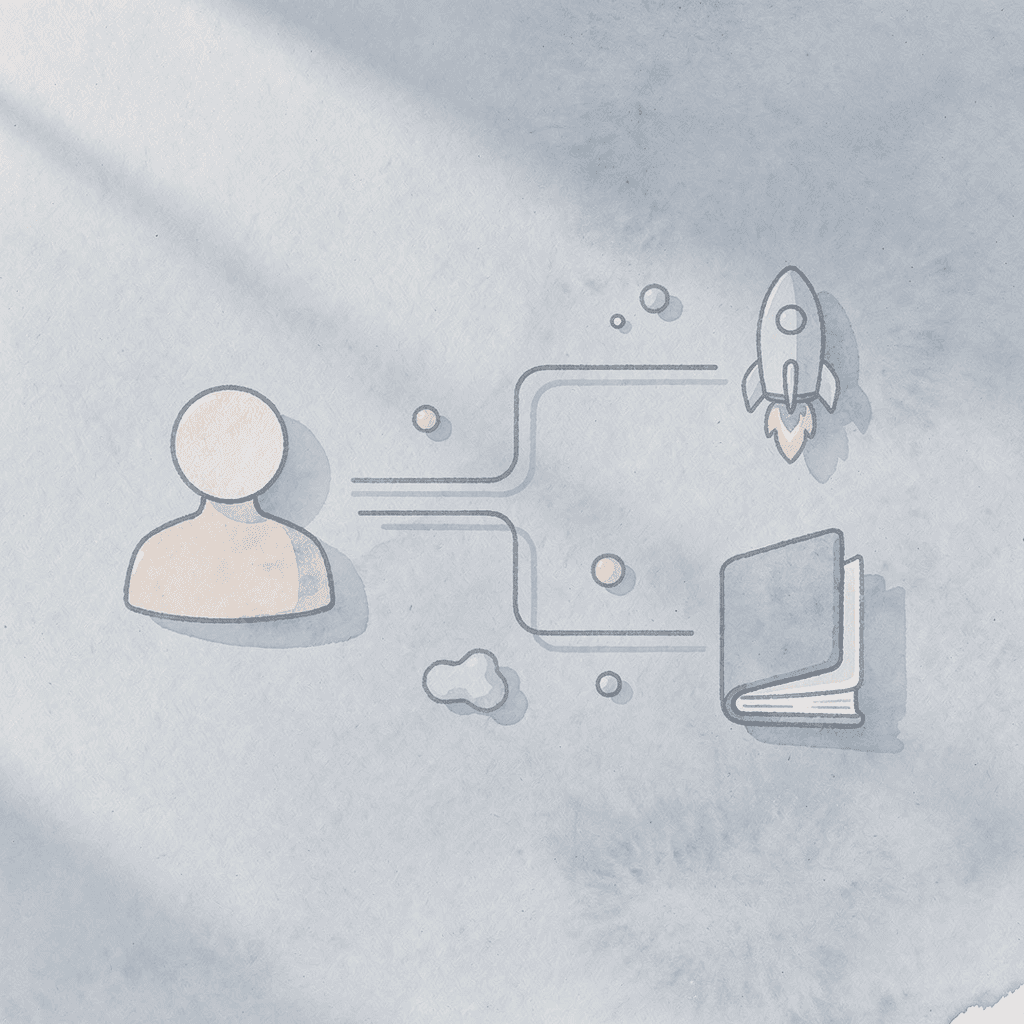 Icon showing one idea splitting into consuming versus creating paths