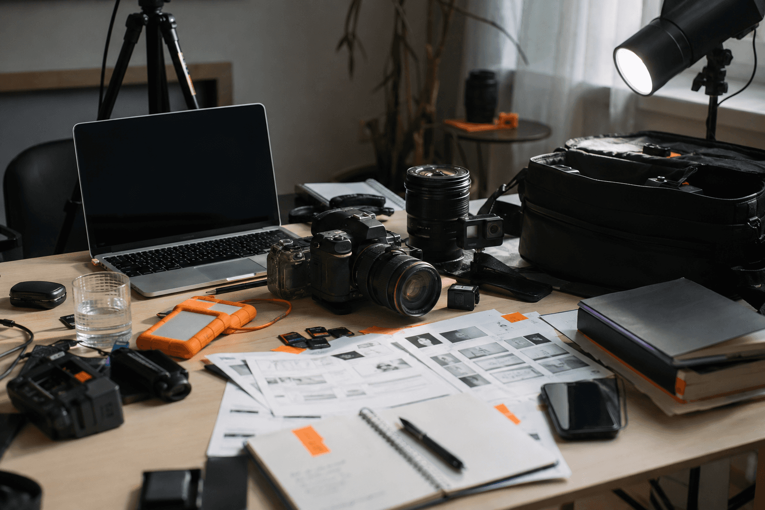 Minimalist arrangement of geometric product mockups in white, black, grey, and orange on a clean white background.