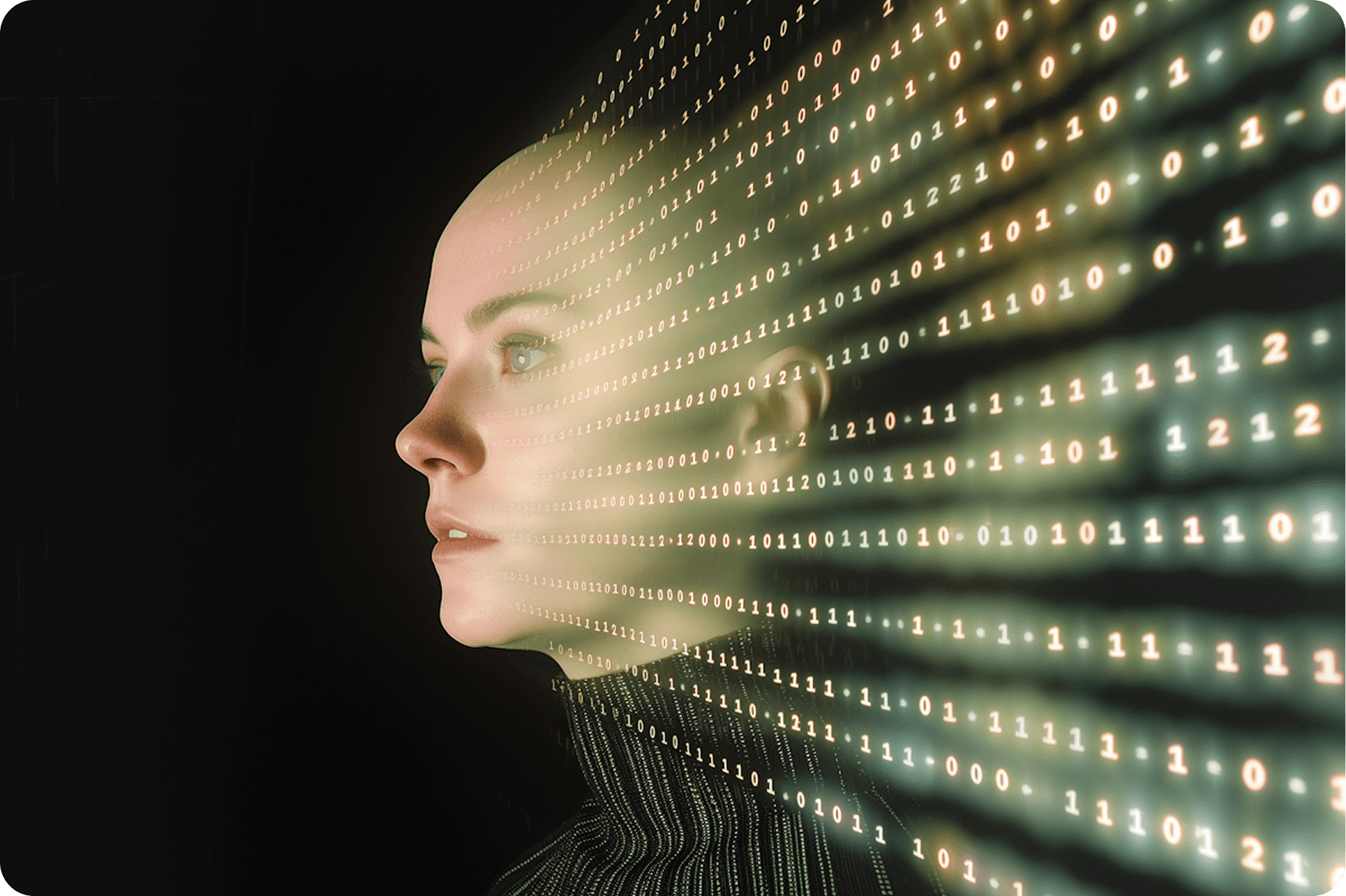 Digitally rendered human face illuminated and integrated with flowing binary code, symbolizing AI and human-digital fusion.