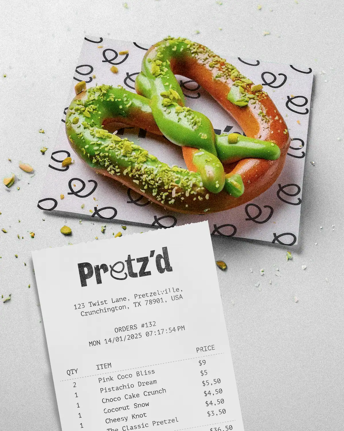 Bretzel pistachio dream posé sur papier d'emballage à pattern Pretz'd, accompagné d'un ticket de caisse brandé au premier plan.