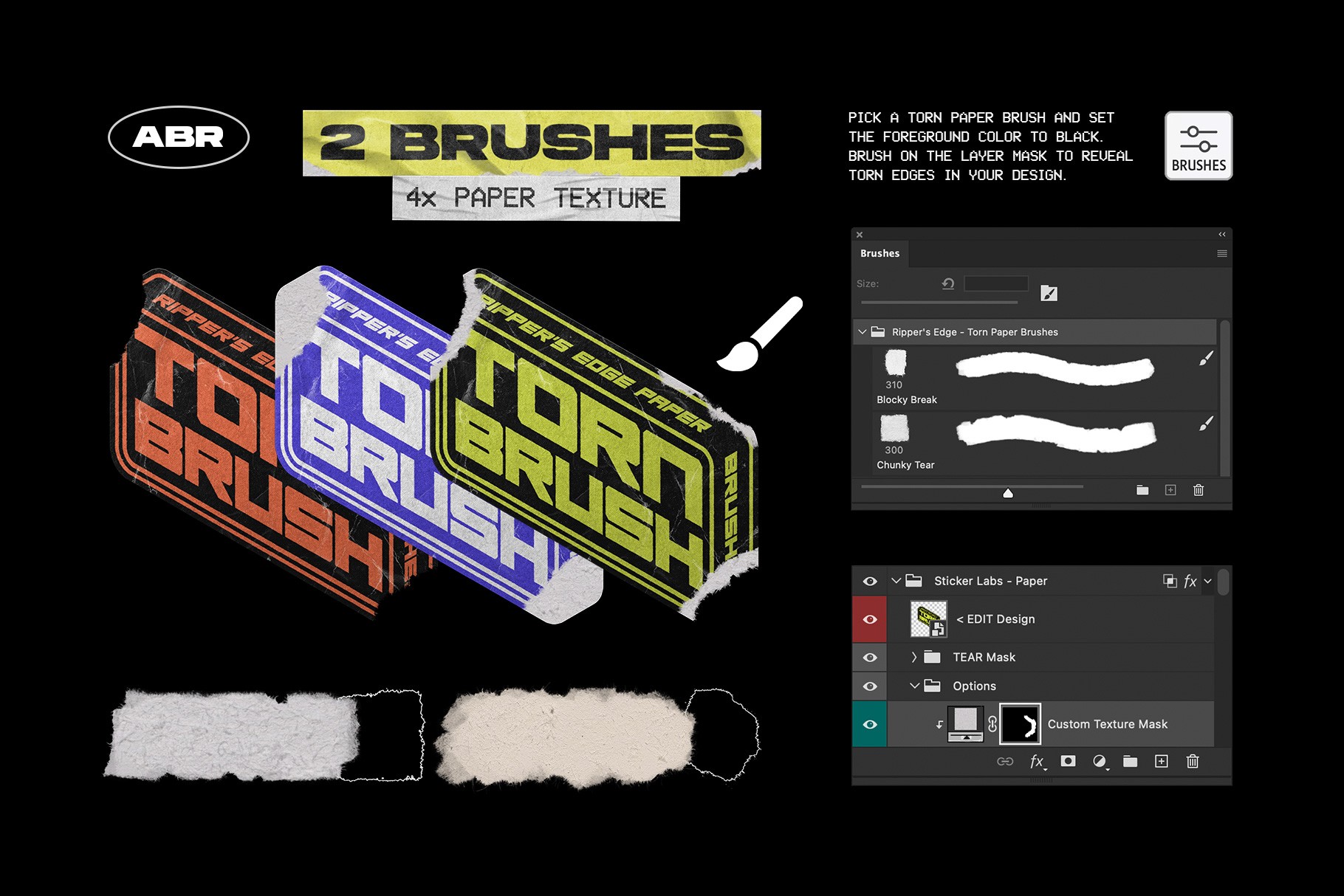 Sticker Labs torn paper brushes creating realistic ripped sticker edges in Photoshop
