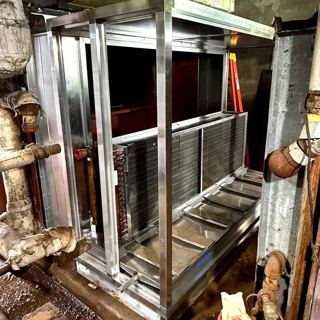 Coil section frame inside the HVAC unit during retrofit at The Brooklyn Hospital Center.