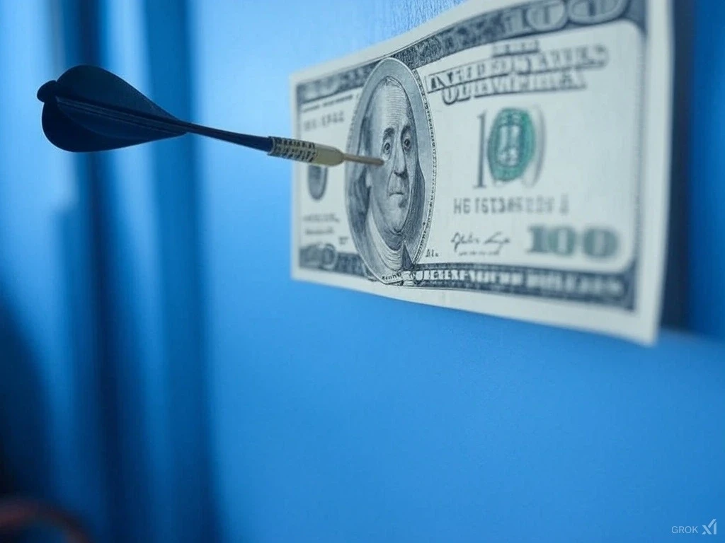 A dart piercing the center of a U.S. hundred-dollar bill pinned to a blue wall, symbolizing precision targeting in marketing.