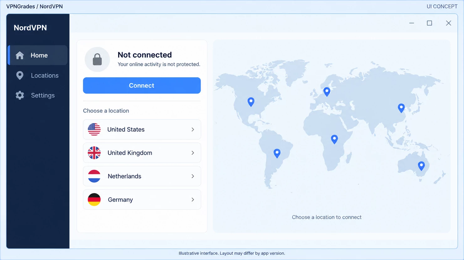NordVPN: a desktop connection interface (illustration).