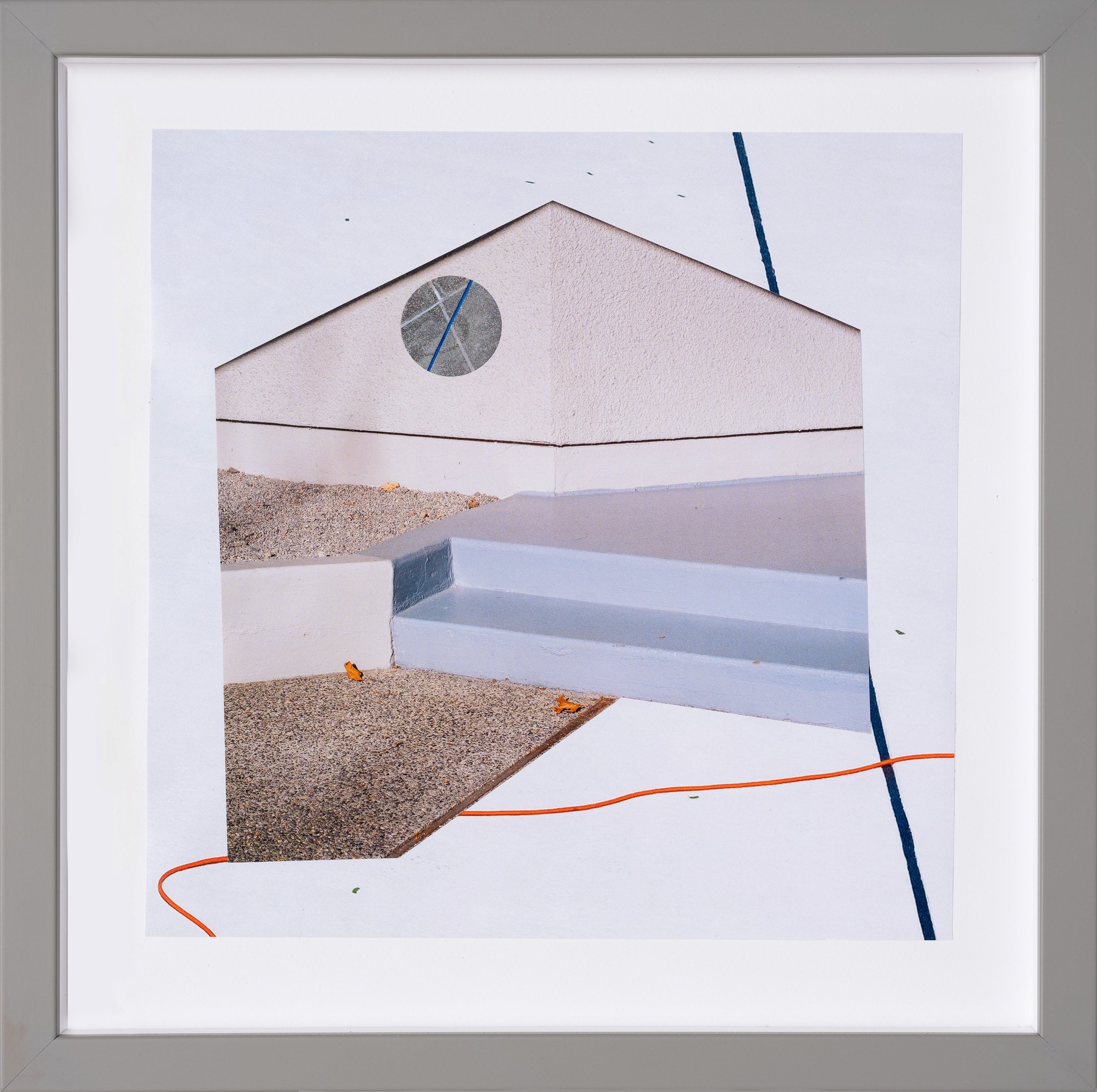 Architectural collage with a clean triangular roofline and a small circular window. Elements of gravel, concrete steps, and an orange cable suggest a scene abstracted from construction or transit space.