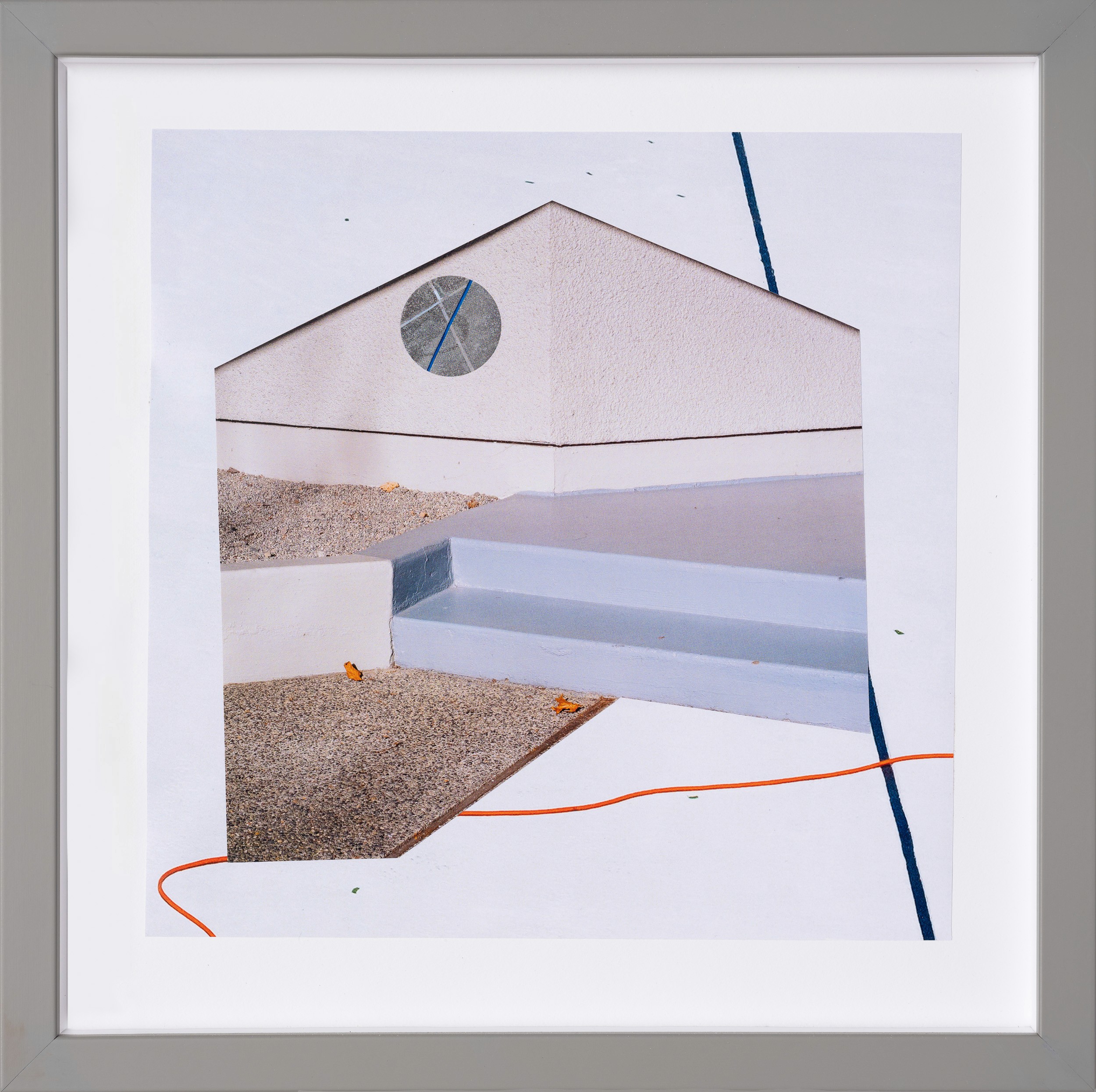 Architectural collage with a clean triangular roofline and a small circular window. Elements of gravel, concrete steps, and an orange cable suggest a scene abstracted from construction or transit space.