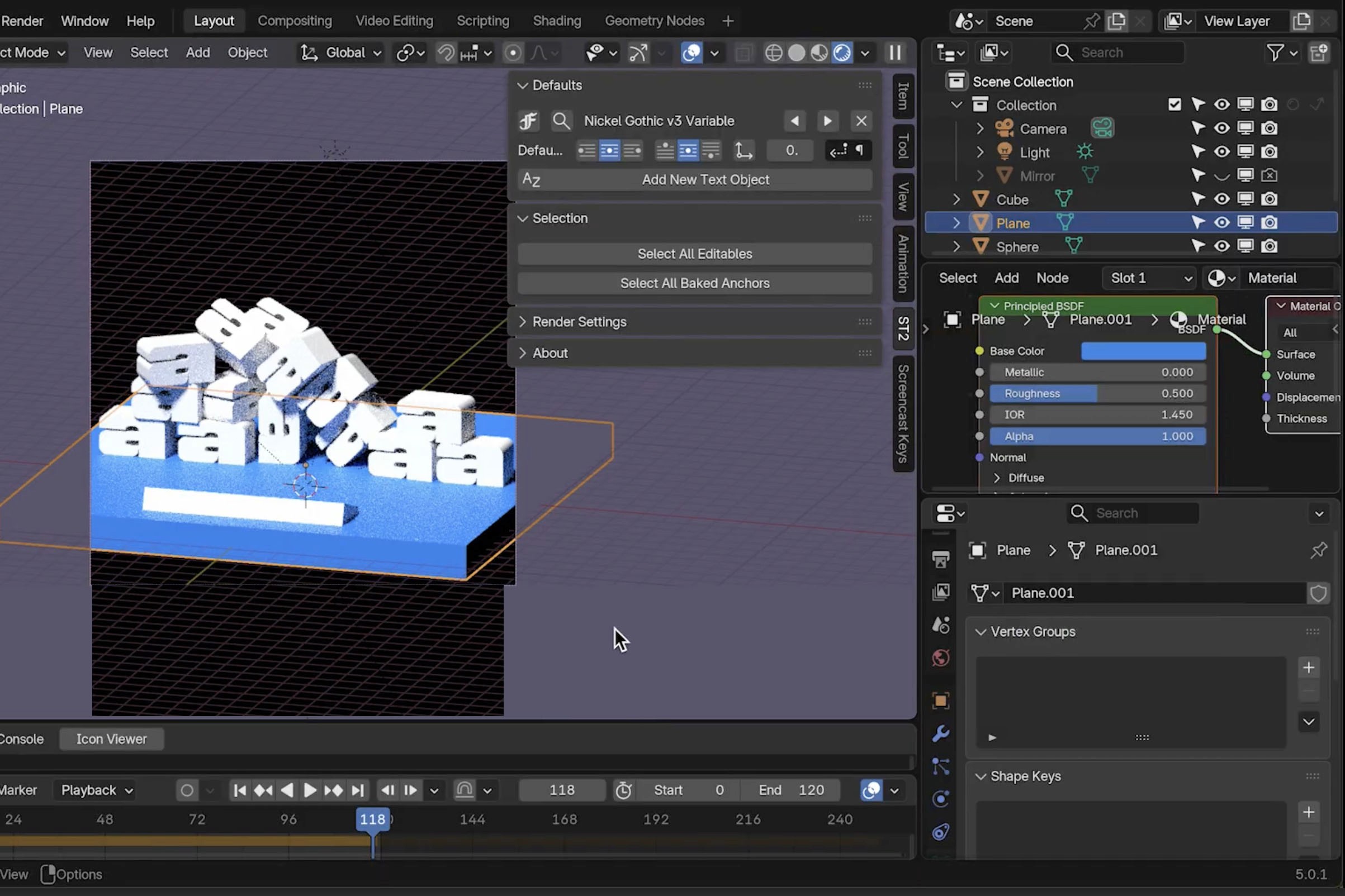 3D scene in Blender showing scattered white letterforms on a blue platform with interface panels visible