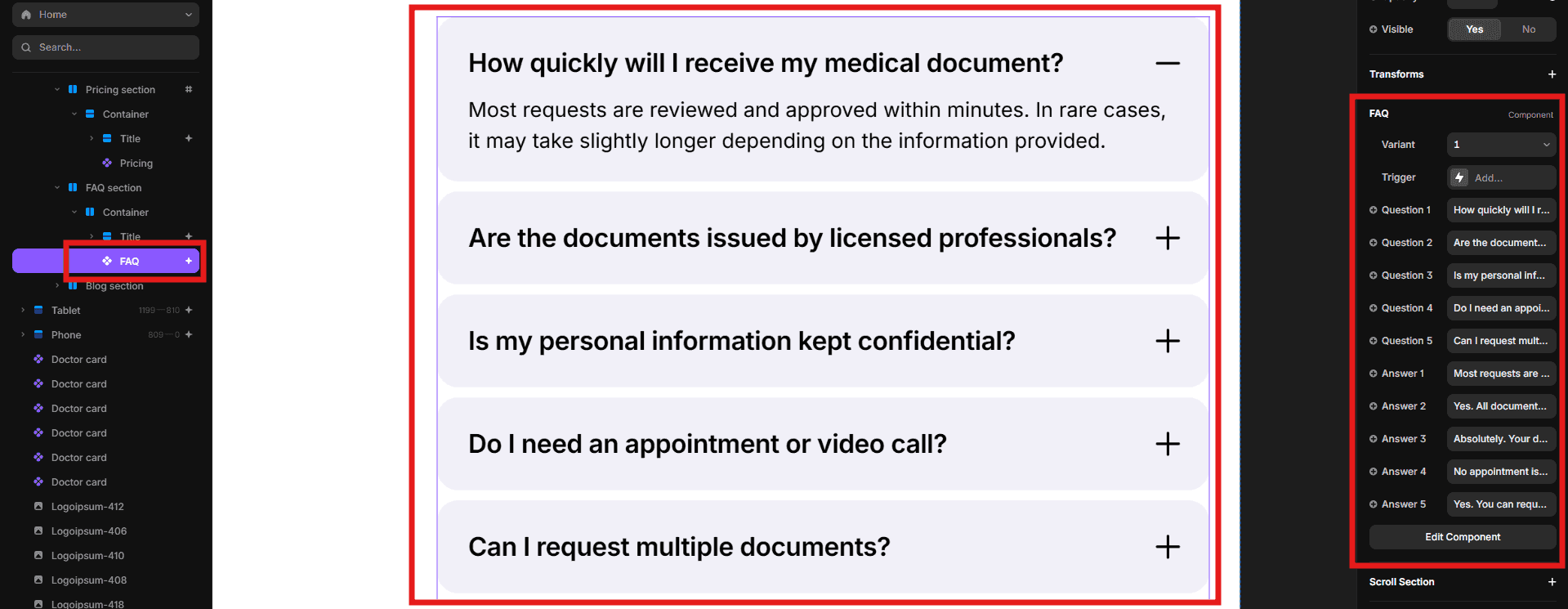 Editing questions and answers in the Starmedica FAQ component
