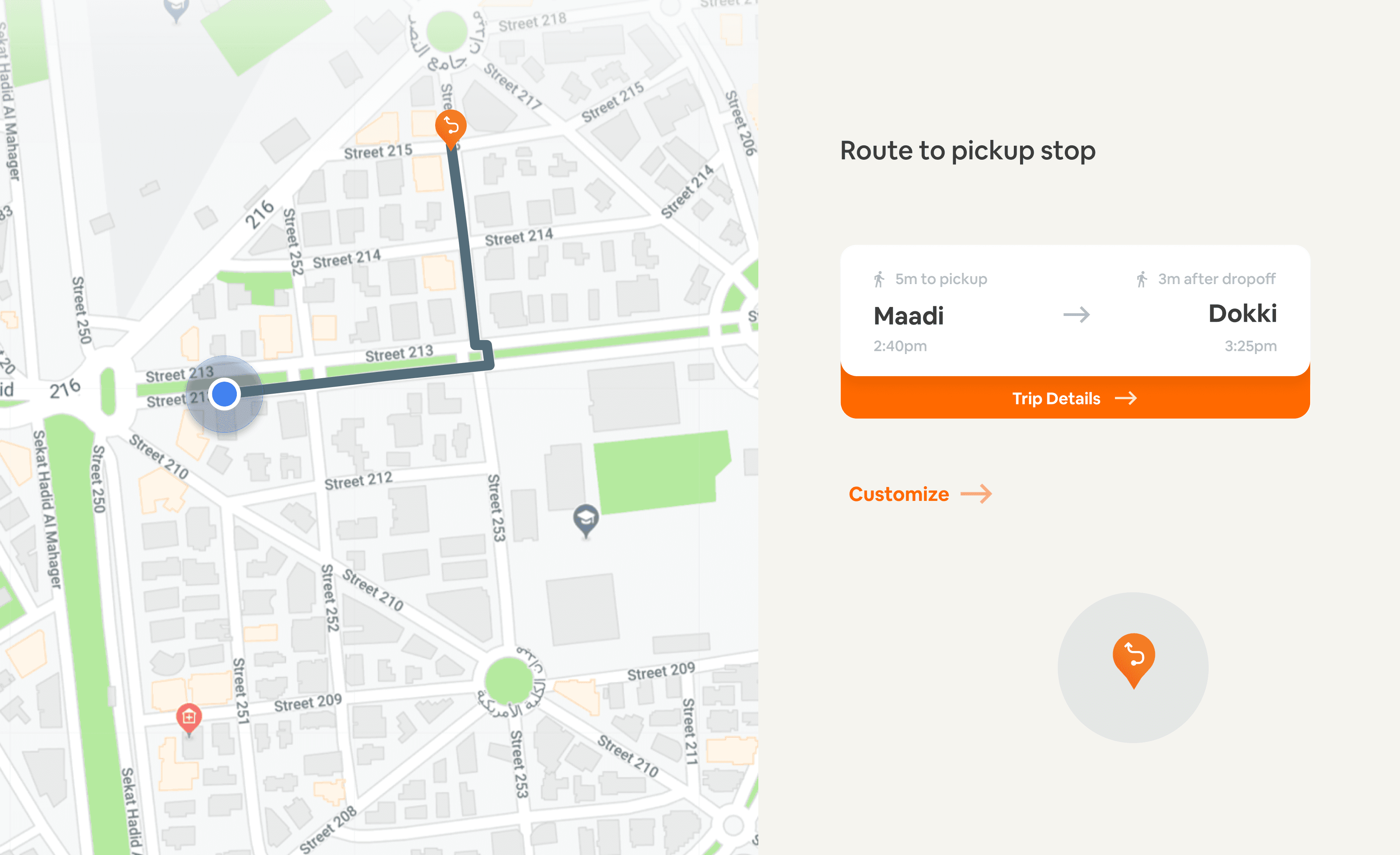 The route to the pickup stop on the map