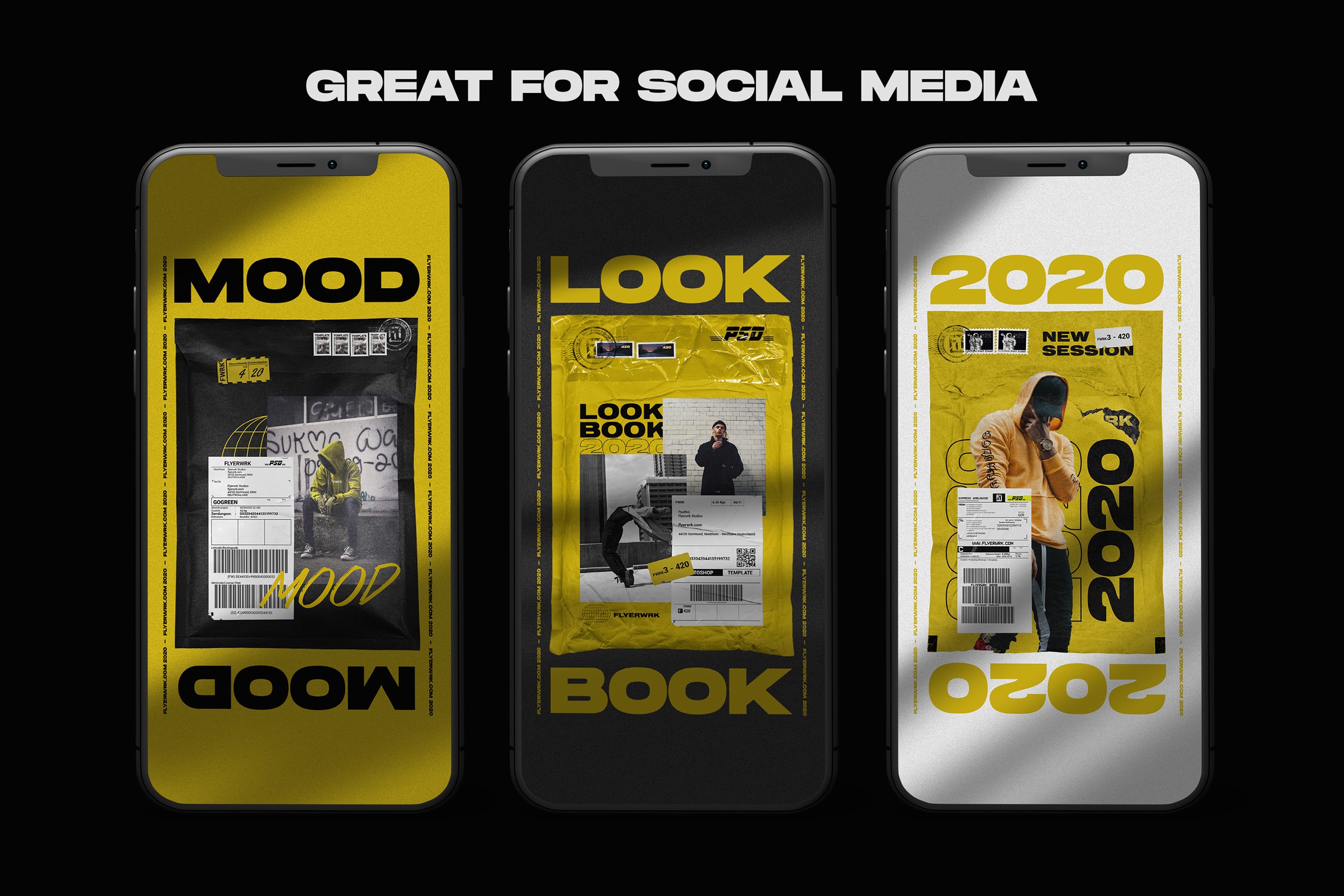 Paper mailing bag mockups displayed on smartphone screens for social media marketing