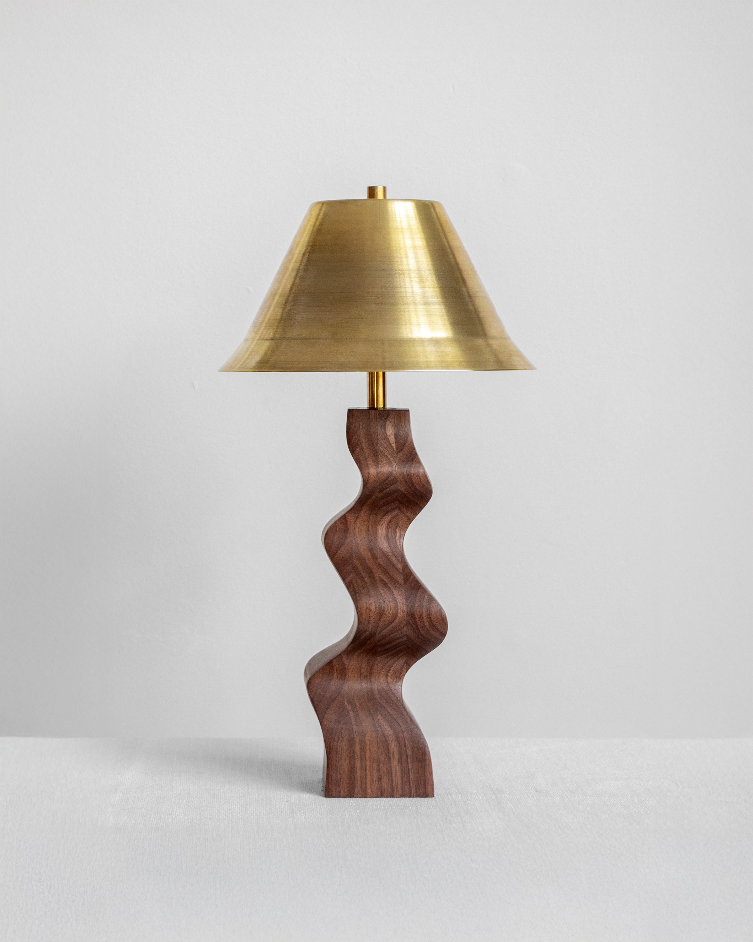 Rippled Desk Lamp in Walnut with Brass Shade with UK, EU and US/CA wiring available on white background Wilkinson & Rivera