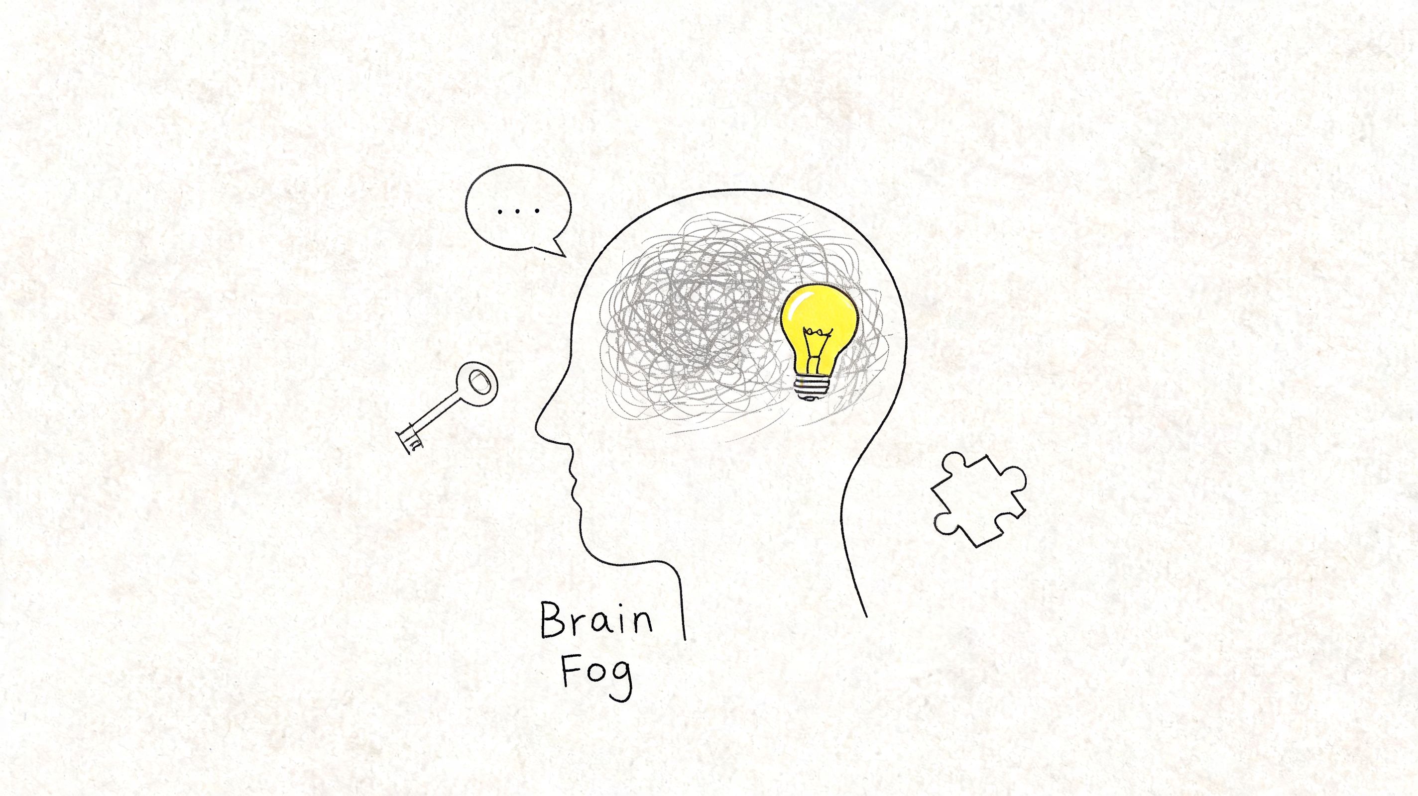A simple sketch of a human head filled with messy scribbles, a lightbulb, and a key, depicting brain fog.