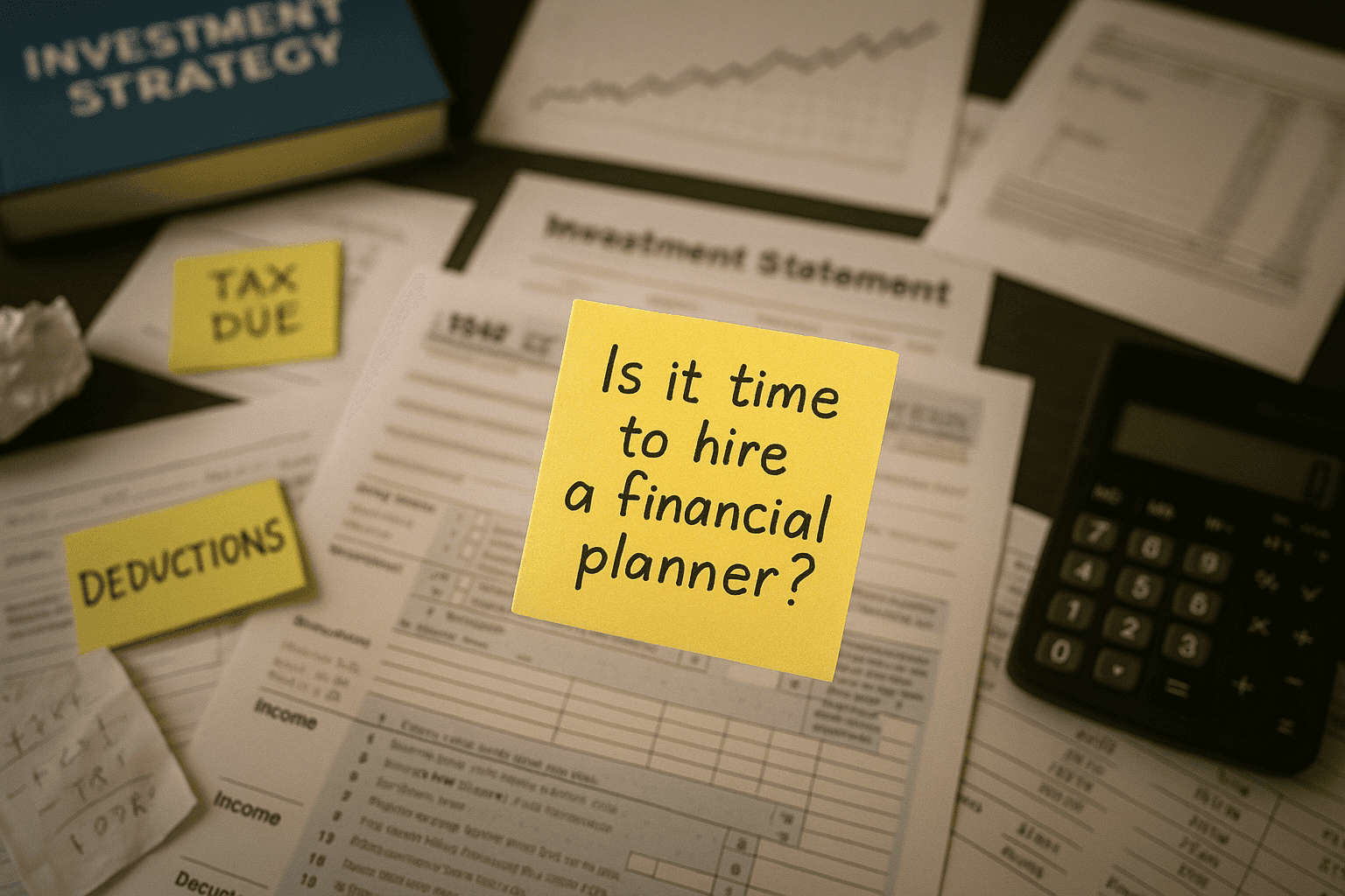 Close-up of a cluttered desk with tax forms, investment statements, a calculator, and sticky notes reading ‘Tax Due’ and ‘Deductions.’ A yellow sticky note in the center asks, ‘Is it time to hire a financial planner?'