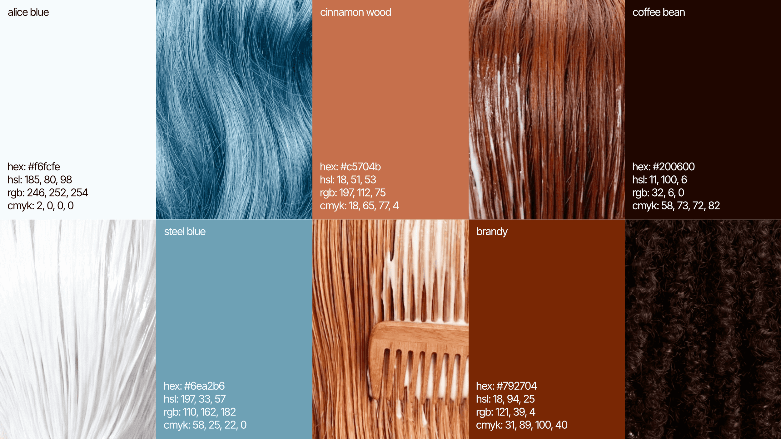 The Aurelia Haircare color palette, which features various shades of soft, powder blue and warm, rustic browns.