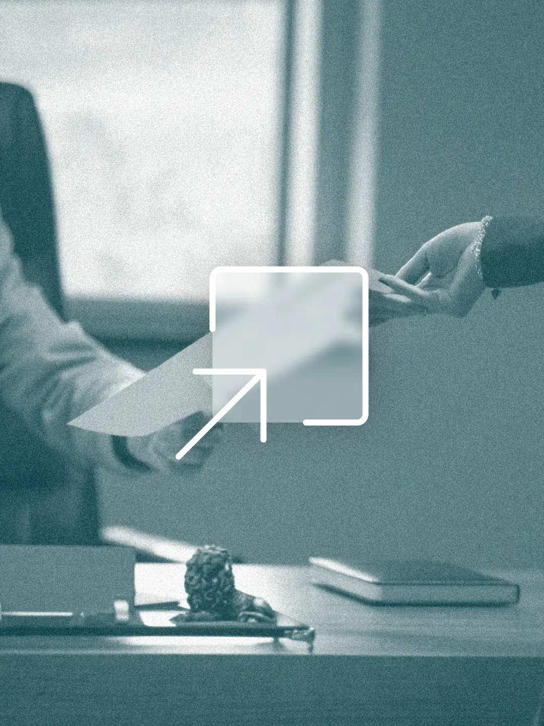 Filing icon over a document handover scene