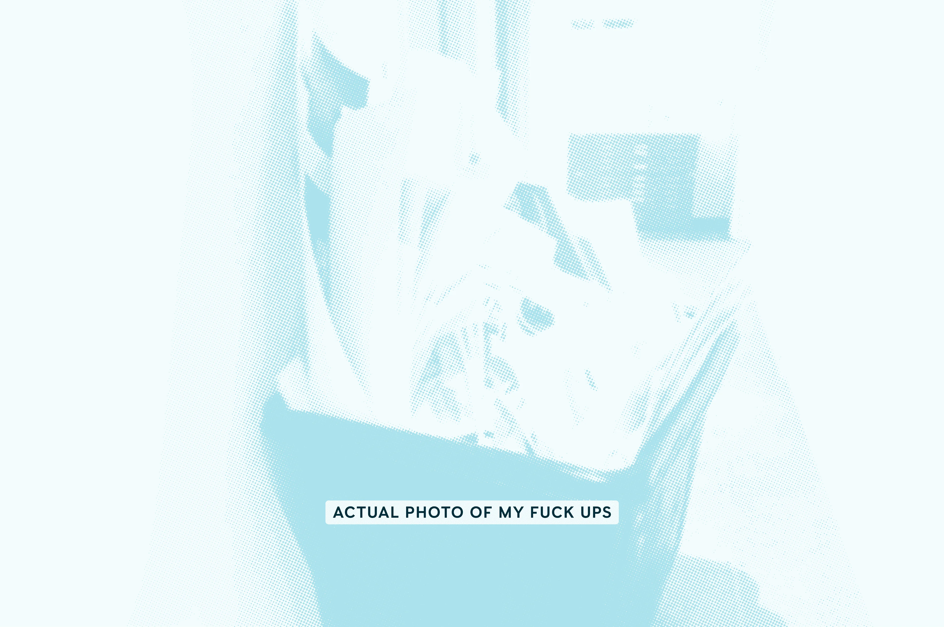 Halftone-processed photograph of crumpled paper and discarded sketches in a waste bin, captioned 'Actual photo of my fuck ups' — hero image for Sharpened Flint, Fire, Figma Components essay on creative process and learning through failure.