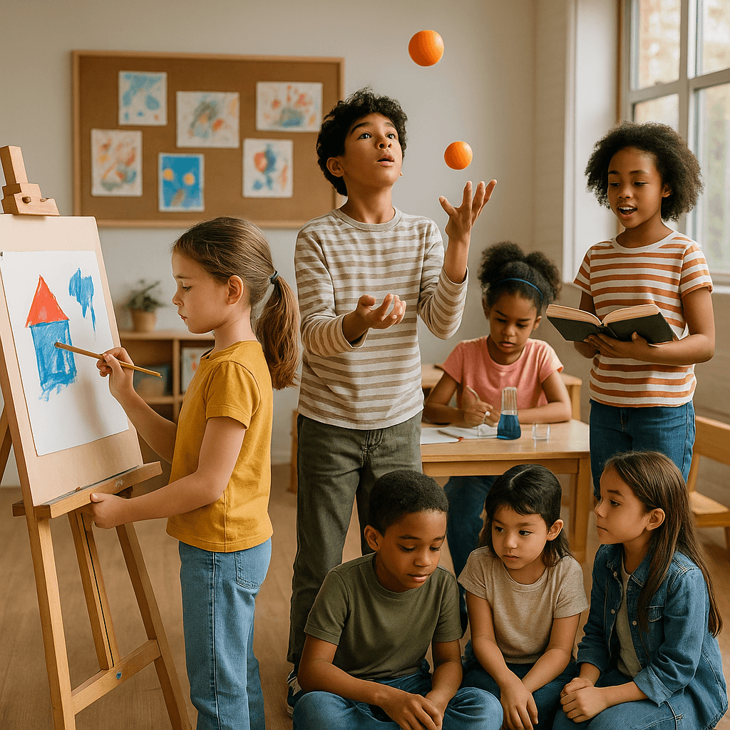 Diverse group of children aged 5-12 engaged in various confidence-building activities like art, sports, and problem-solving