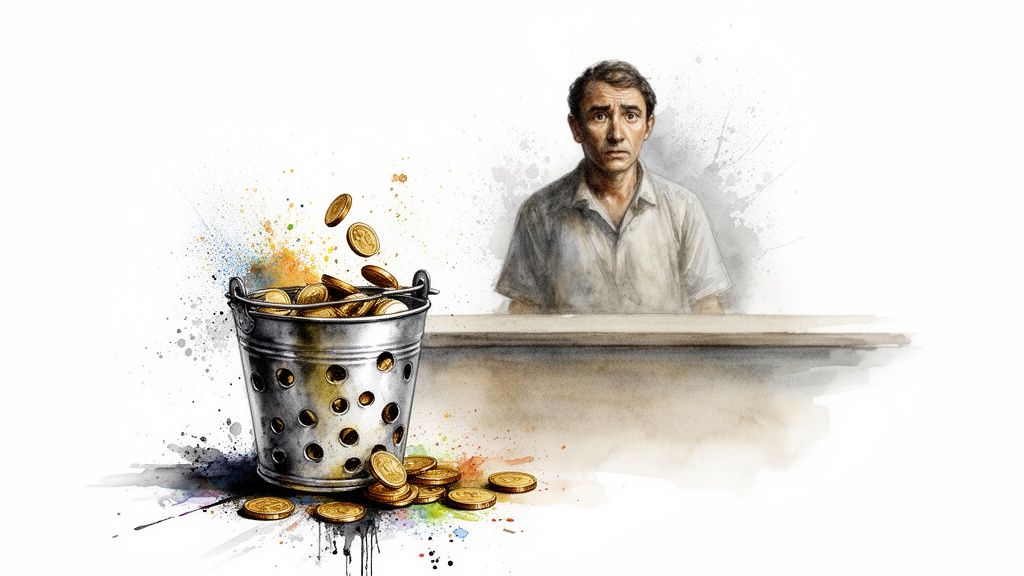 A worried man watches gold coins spilling from a perforated metal bucket, symbolizing financial loss.