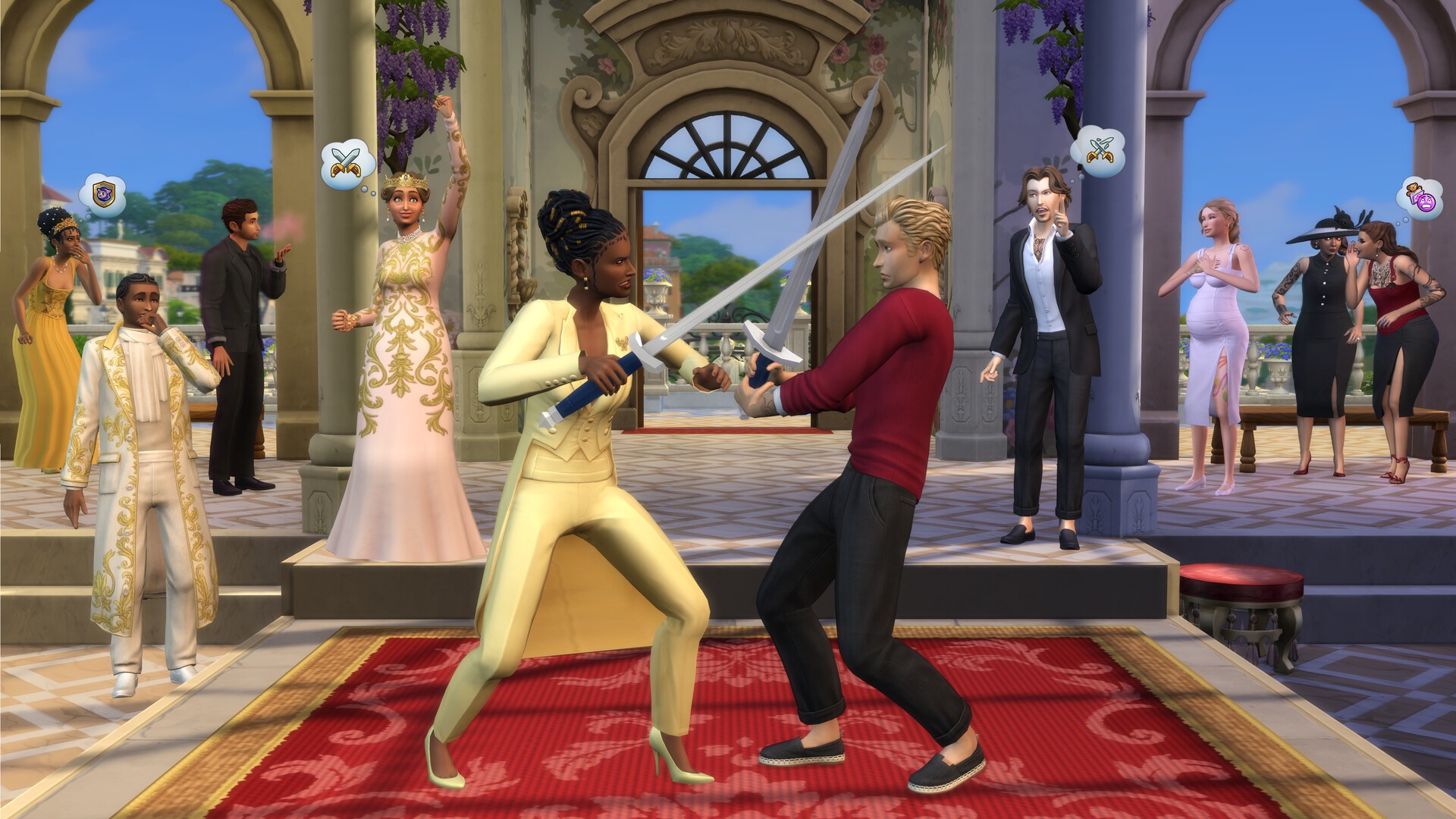 Screenshot Les Sims 4 Héritage et Royauté sur PC Mac EA App, confrontation spectaculaire entre Sims lors d’un événement royal, gameplay social et intrigues de pouvoir