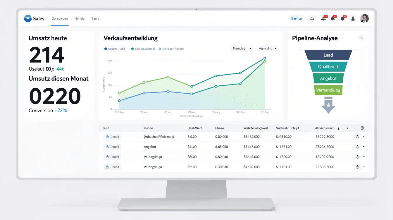 Das Bild zeigt ein Dashboard mit Verkaufsmetriken und einer detaillierten Pipeline-Analyse, die verschiedene KPIs zur Lead-Generierung und zum Umsatzwachstum eines Unternehmens visualisiert. Es sind Grafiken und Zahlen zu sehen, die das Marketing-Team bei der Planung von Kampagnen und der Optimierung von Vertriebsprozessen unterstützen.