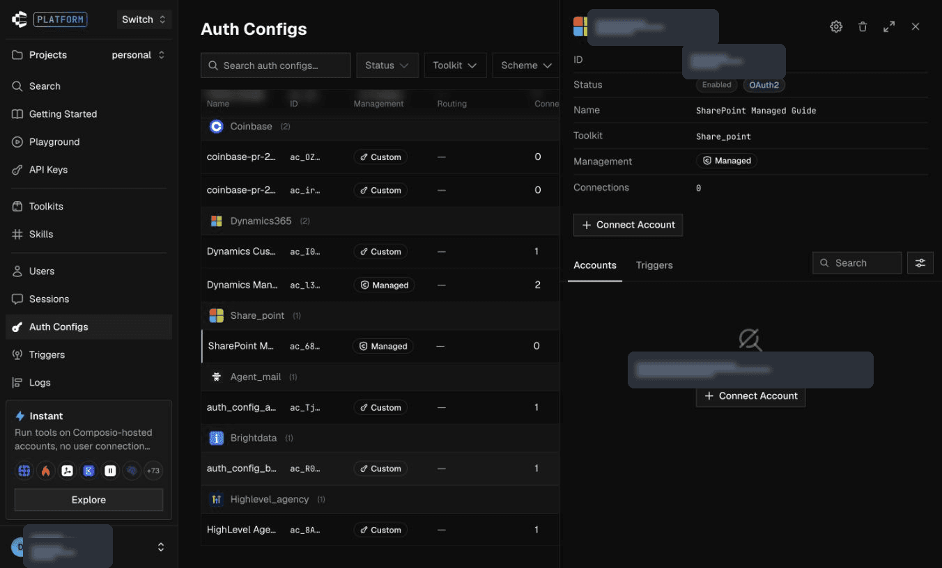 Connect Account on the SharePoint managed auth config