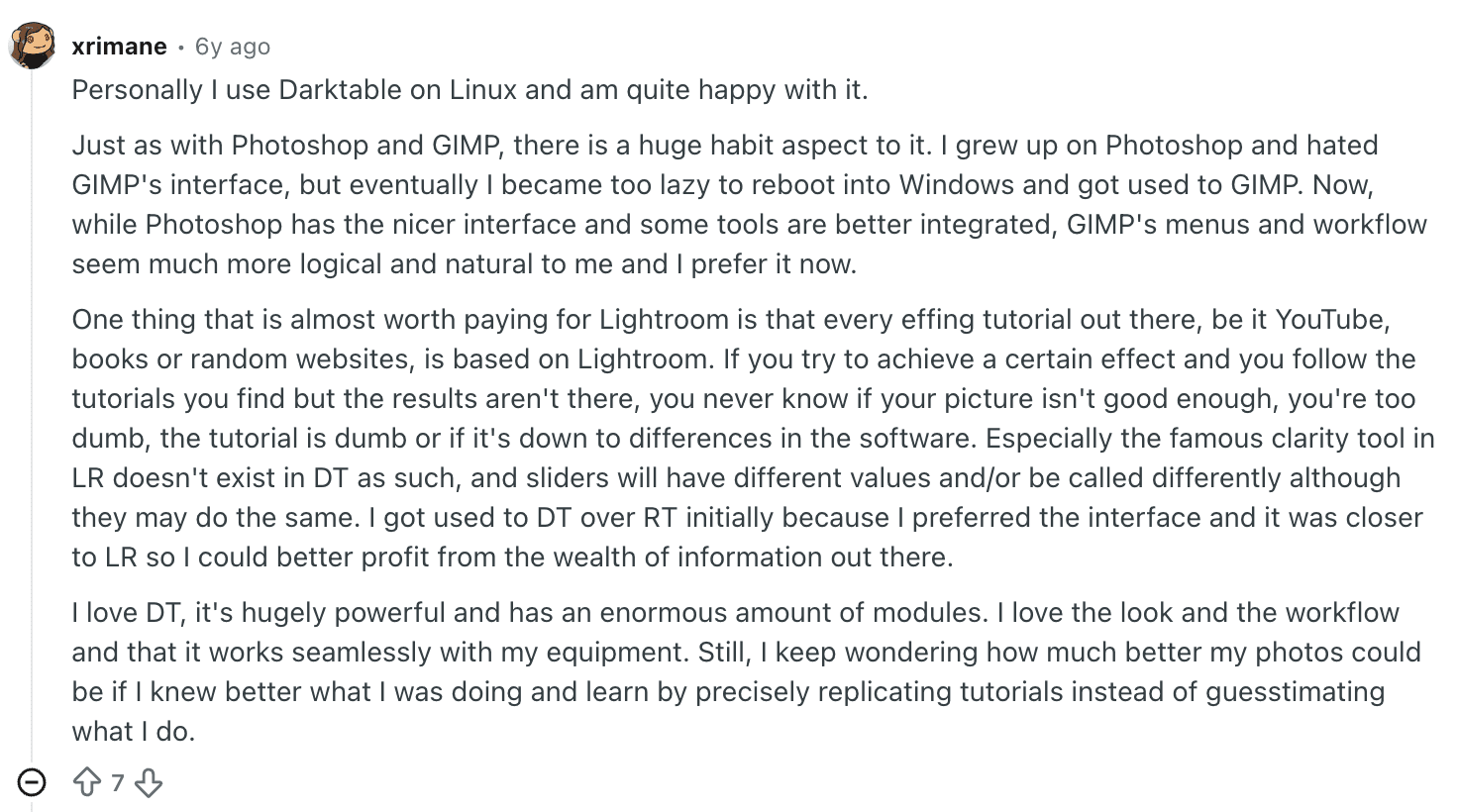 Darktable Reddit review by a user on the best free Lightroom alternative.