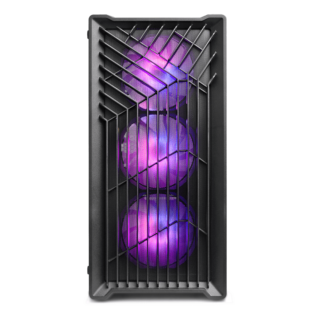 Front view of a black gaming PC case featuring a bold design with three vibrant purple RGB cooling fans visible through the stylish, angular front panel. Ideal for high-performance gaming setups and modern PC builds.