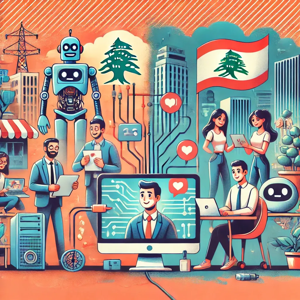 An illustration of a robot with a backdrop of Lebanese symbols, including the Lebanese flag and cedar trees. People are seen engaging with technology, indicating a blend of traditional Lebanese culture and modern technological advancements.