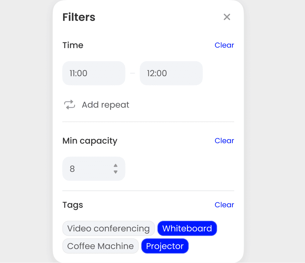 Yoffix room filtering panel with time, capacity, and tag filters like projector and whiteboard for finding the right meeting room