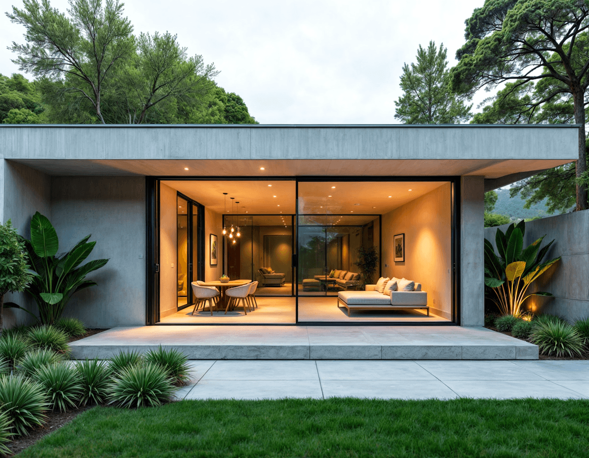 Minimalist modern house interior with floor-to-ceiling glass doors opening to lush green lawn and tropical plants.
